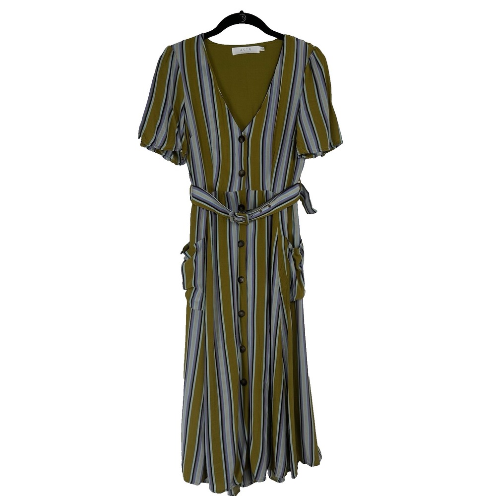 ASTR The Label Scout Dress Size XS Green‎ Striped Midi Retro Cottagecore